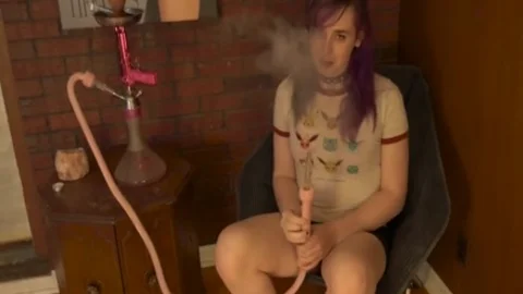 NERDY TRANS STONER GIRLFRIEND SMOKING HOOKAH IN lingerie whilst JACKING OFF