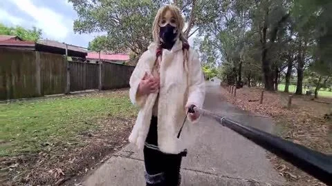 Exhibitionist bitch Flashing In A Fur Coat By A Busy Road